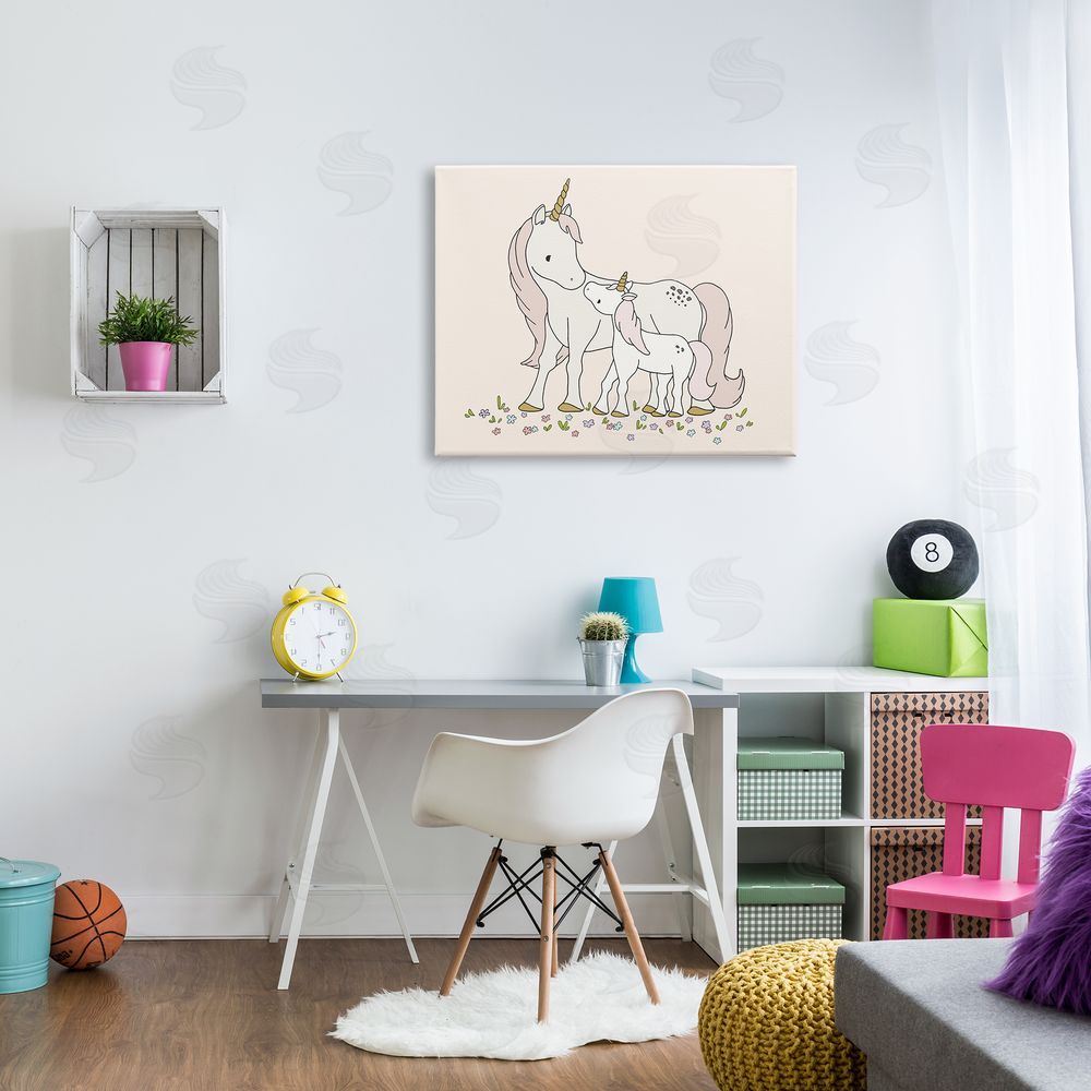 Sweet Melodys Magical Unicorn Mother & Baby Family Flower Meadow Canvas Wall Art Print in Room