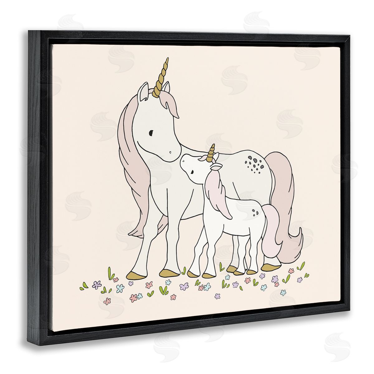 Sweet Melodys Magical Unicorn Mother & Baby Family Flower Meadow Black Floating Frame Canvas Wall Art Print
