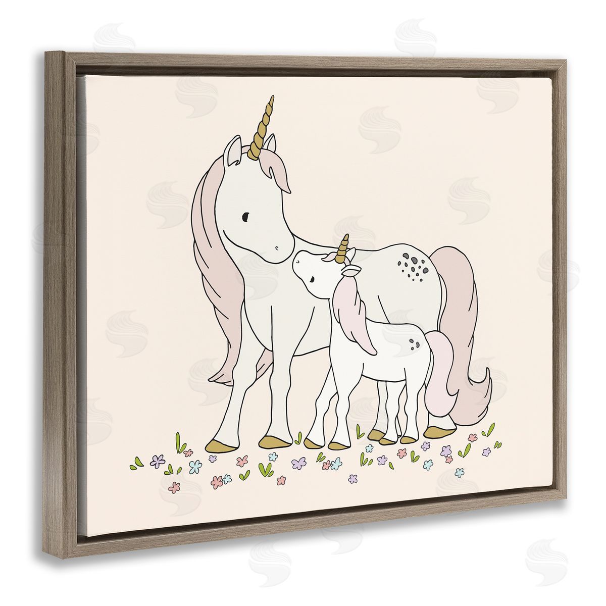 Sweet Melodys Magical Unicorn Mother & Baby Family Flower Meadow Brown Floating Frame Canvas Wall Art Print