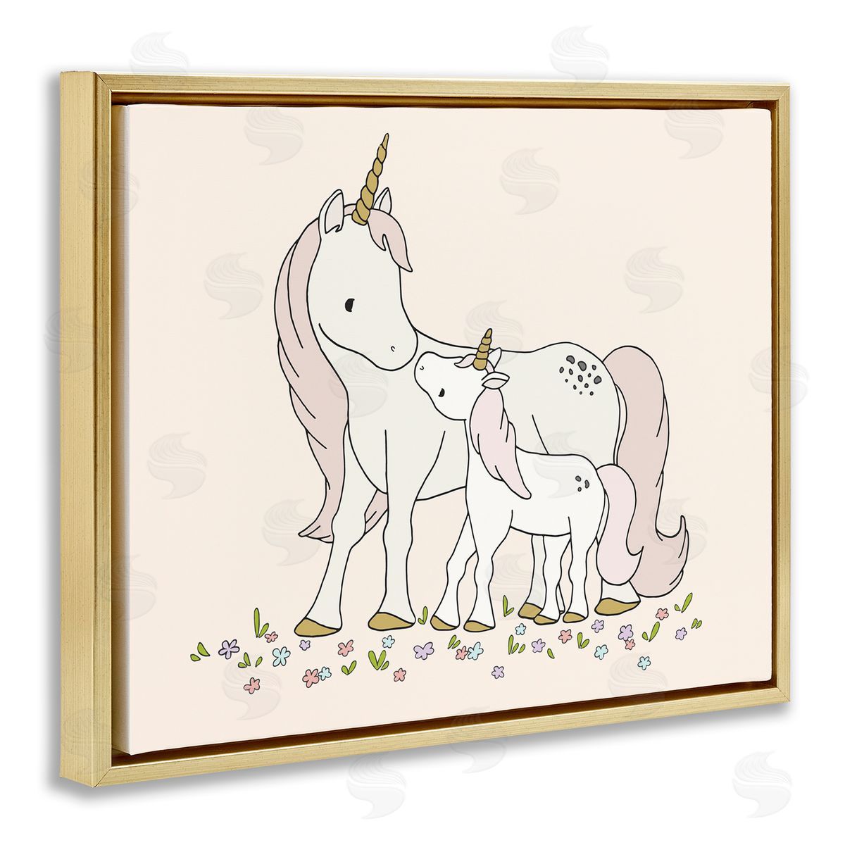 Sweet Melodys Magical Unicorn Mother & Baby Family Flower Meadow Gold Floating Frame Canvas Wall Art Print