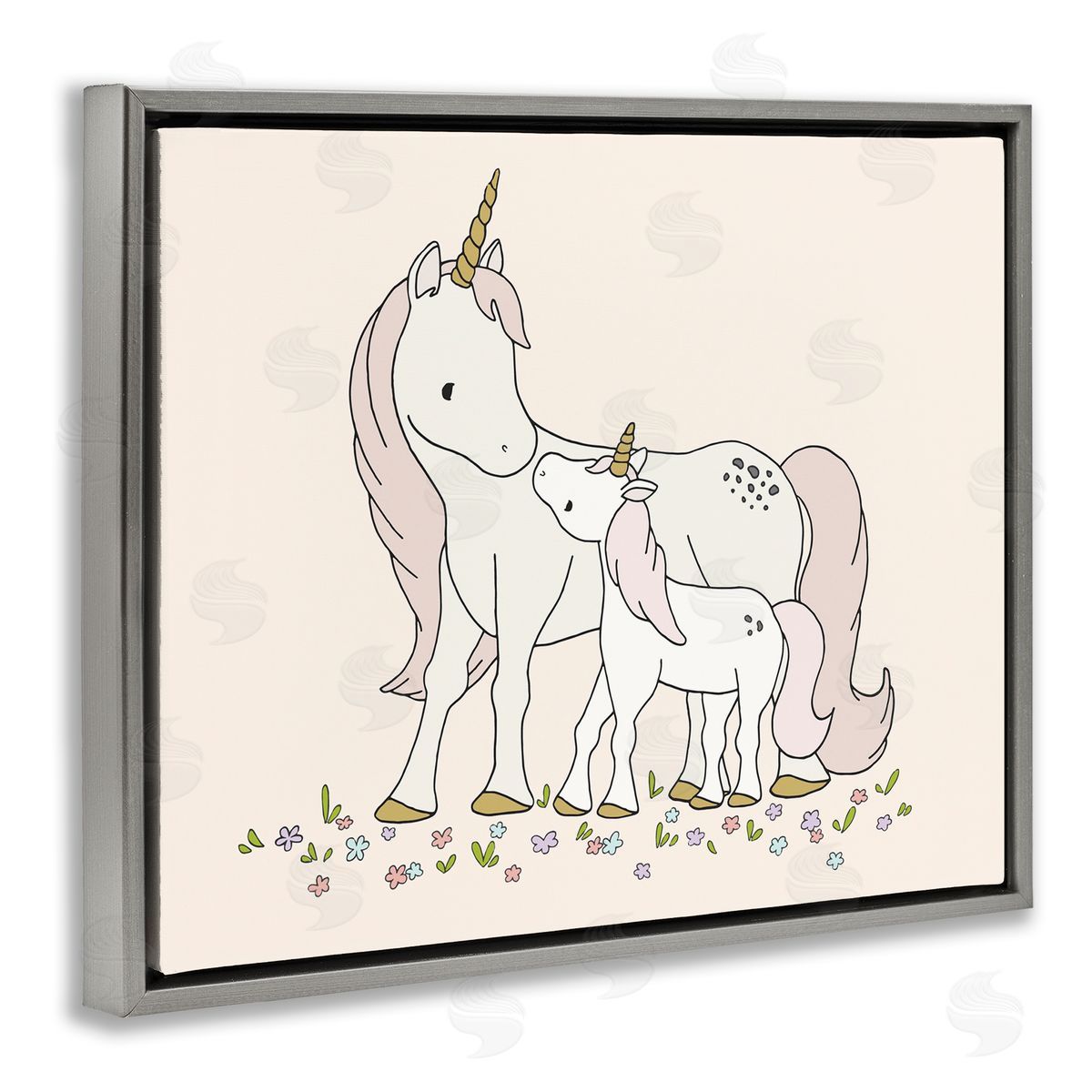 Sweet Melodys Magical Unicorn Mother & Baby Family Flower Meadow Gray Floating Frame Canvas Wall Art Print
