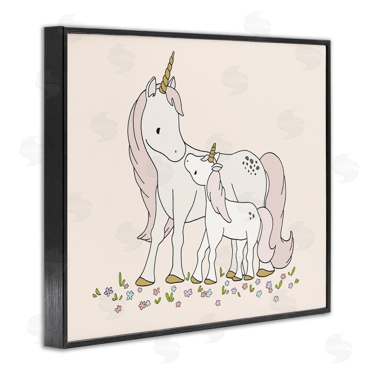 Sweet Melodys Magical Unicorn Mother & Baby Family Flower Meadow Black Framed Giclee Wall Art Print