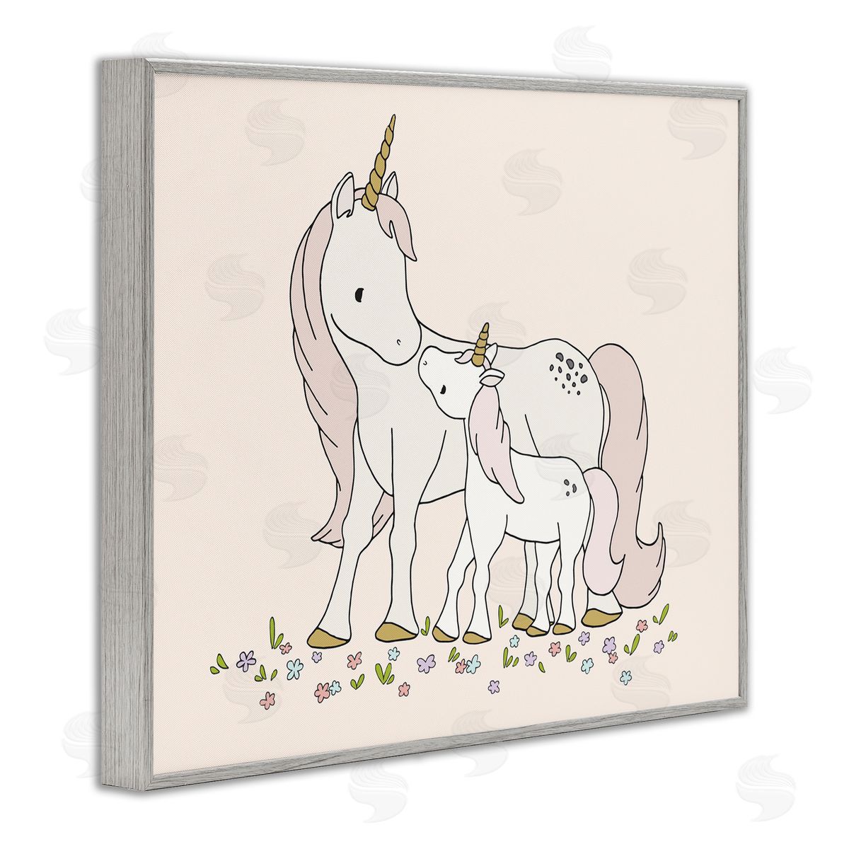 Sweet Melodys Magical Unicorn Mother & Baby Family Flower Meadow Gray Framed Giclee Wall Art Print