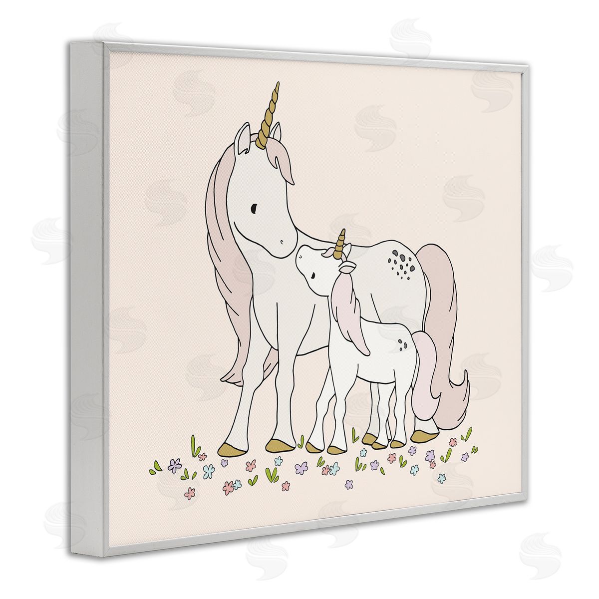Sweet Melodys Magical Unicorn Mother & Baby Family Flower Meadow White Framed Giclee Wall Art Print