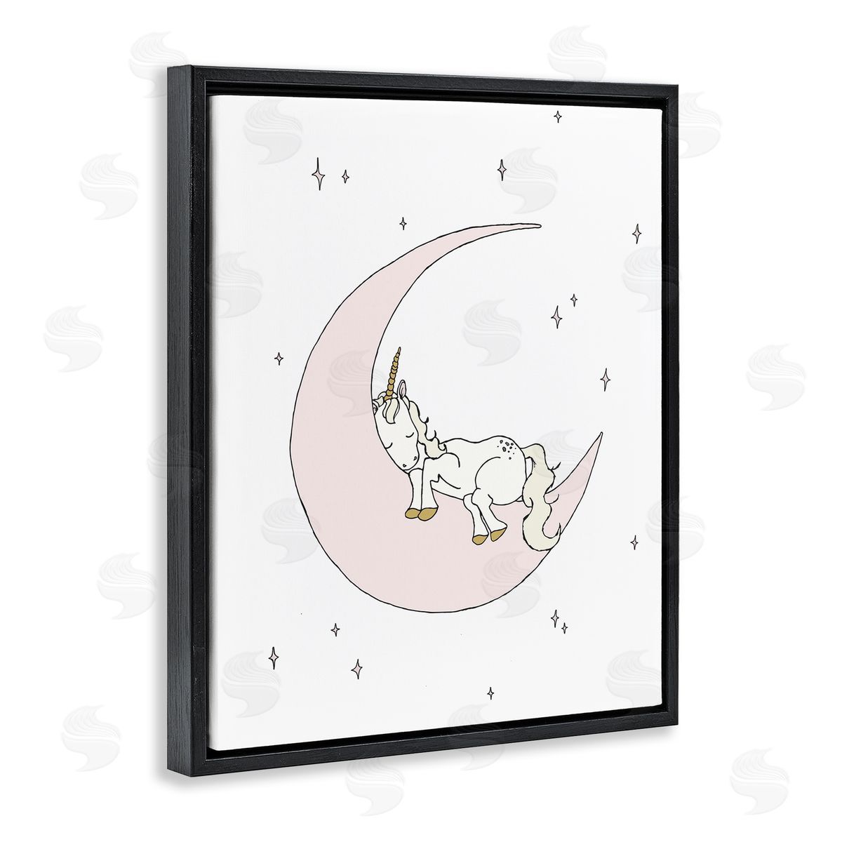 Sweet Melodys Cozy Sleeping Unicorn Nighttime Moon Delicate Stars  Black Floating Frame Canvas Wall Art Print