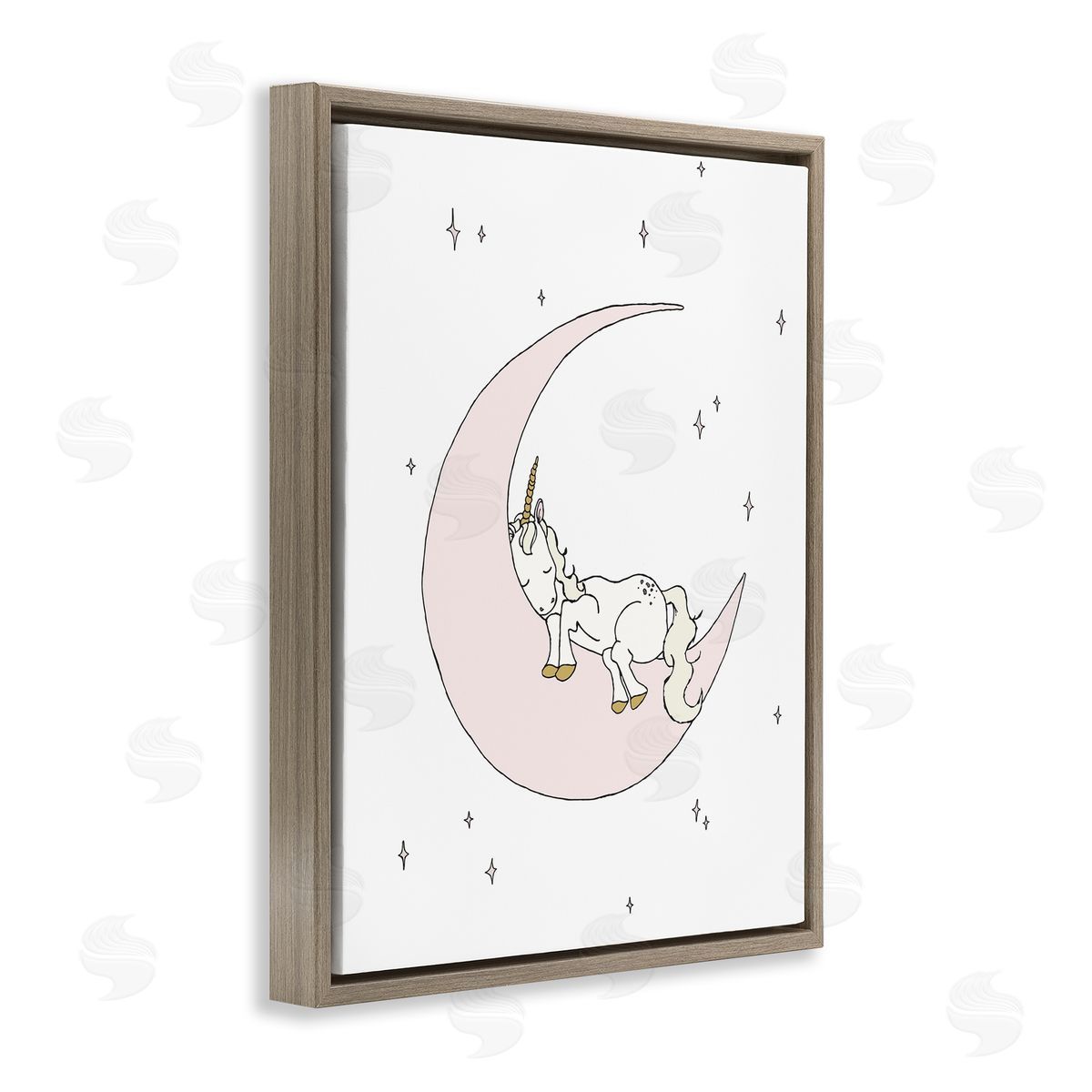 Sweet Melodys Cozy Sleeping Unicorn Nighttime Moon Delicate Stars  Brown Floating Frame Canvas Wall Art Print