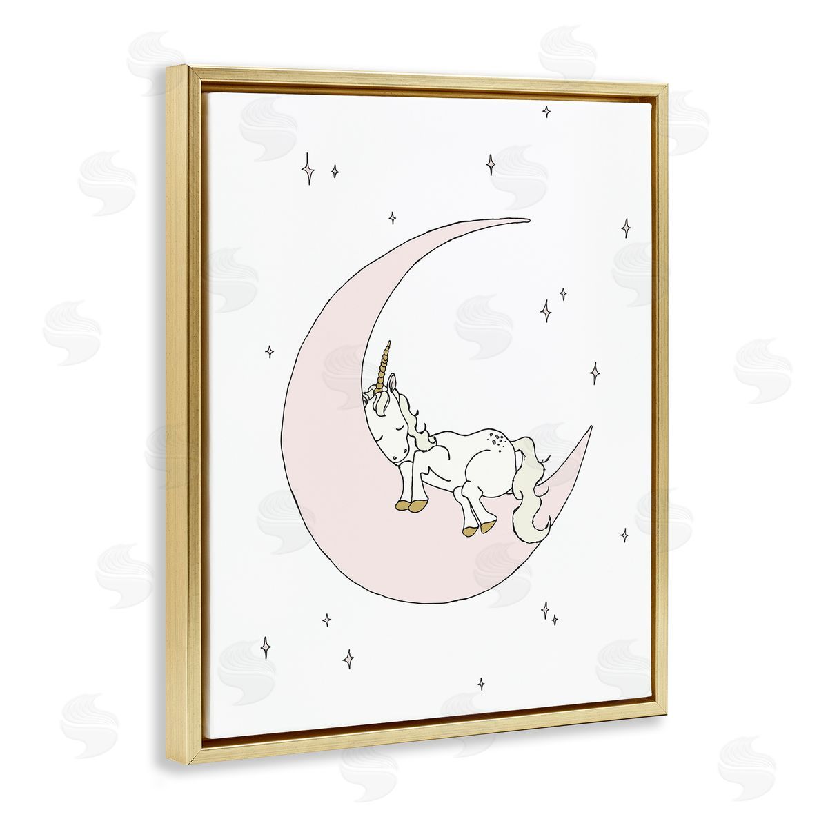 Sweet Melodys Cozy Sleeping Unicorn Nighttime Moon Delicate Stars  Gold Floating Frame Canvas Wall Art Print