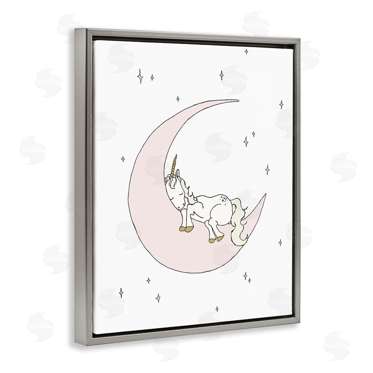 Sweet Melodys Cozy Sleeping Unicorn Nighttime Moon Delicate Stars  Gray Floating Frame Canvas Wall Art Print