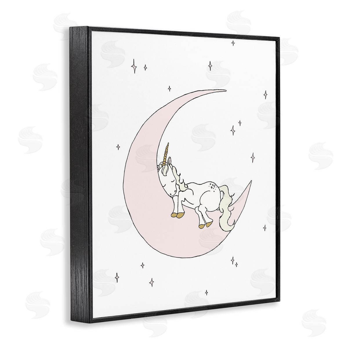 Sweet Melodys Cozy Sleeping Unicorn Nighttime Moon Delicate Stars  Black Framed Giclee Wall Art Print