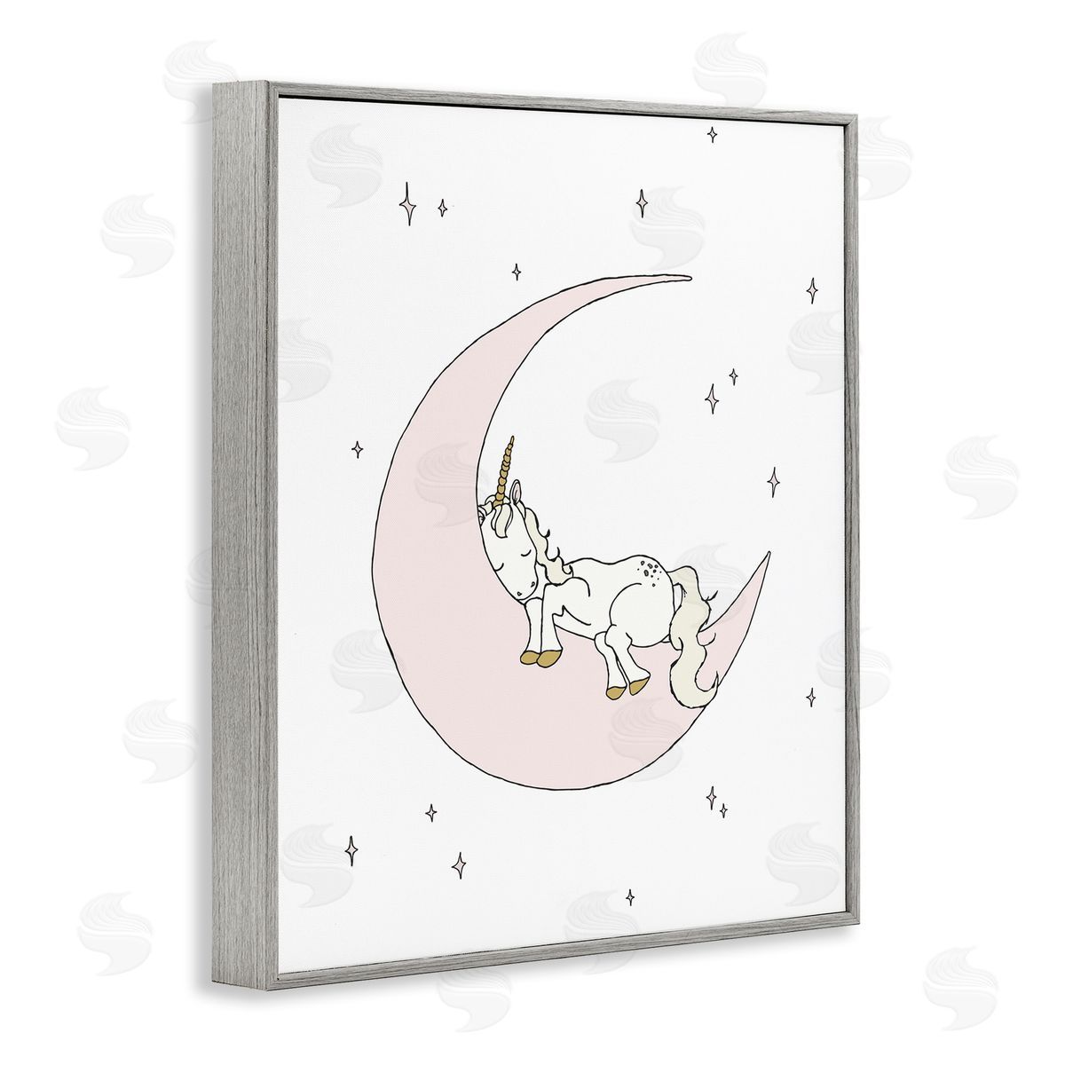 Sweet Melodys Cozy Sleeping Unicorn Nighttime Moon Delicate Stars  Gray Framed Giclee Wall Art Print