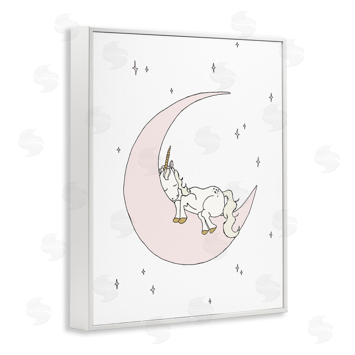 Sweet Melodys Cozy Sleeping Unicorn Nighttime Moon Delicate Stars  White Framed Giclee Wall Art Print