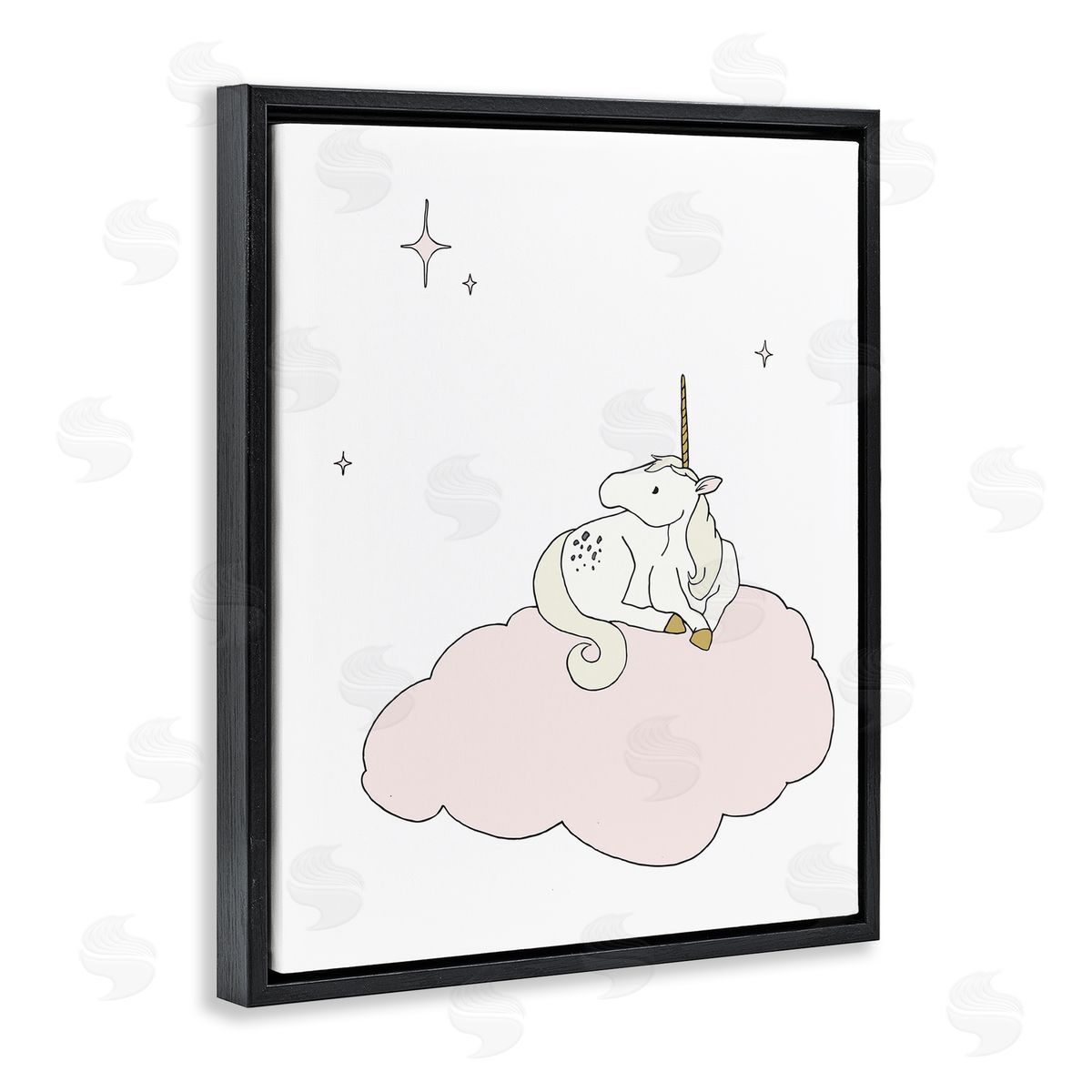 Sweet Melodys Casual Unicorn Laying on Cloud Watching Nighttime Stars  Black Floating Frame Canvas Wall Art Print