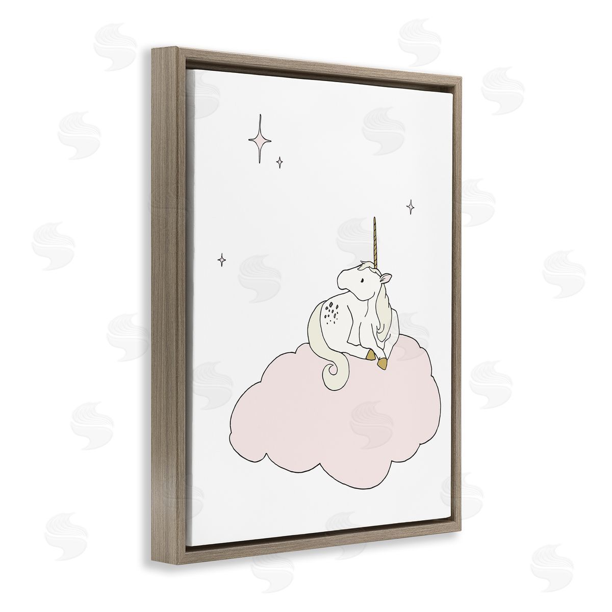 Sweet Melodys Casual Unicorn Laying on Cloud Watching Nighttime Stars  Brown Floating Frame Canvas Wall Art Print