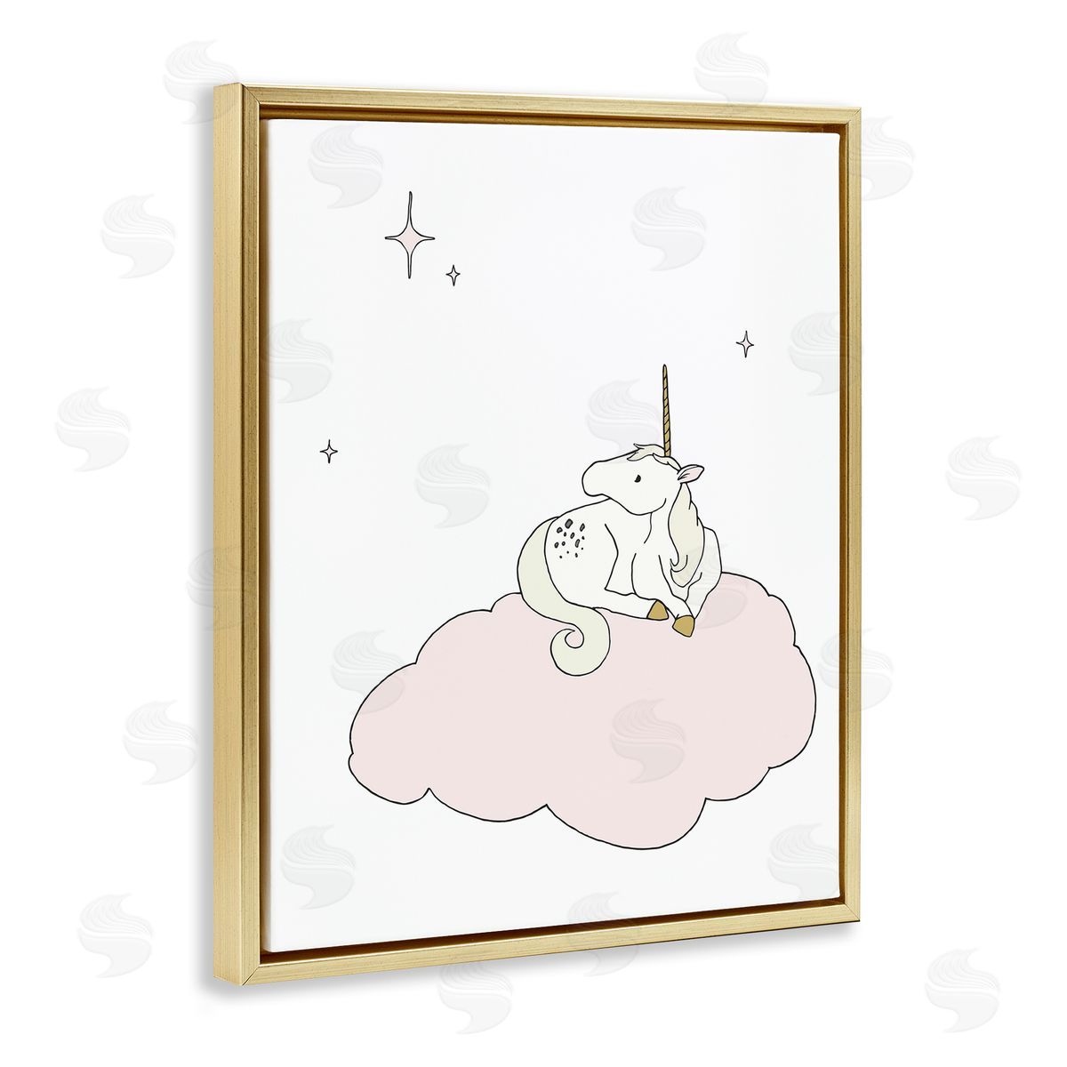 Sweet Melodys Casual Unicorn Laying on Cloud Watching Nighttime Stars  Gold Floating Frame Canvas Wall Art Print