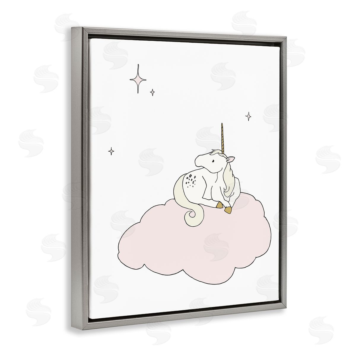 Sweet Melodys Casual Unicorn Laying on Cloud Watching Nighttime Stars  Gray Floating Frame Canvas Wall Art Print