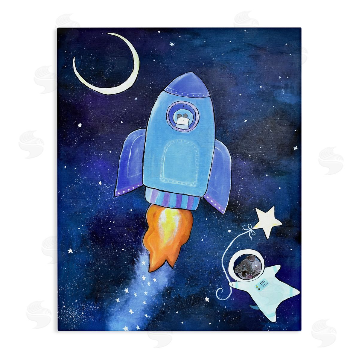 Andrea Doss Animals in Outer Space Rocket Ship Star Balloon Night Sky Stretched Canvas Wall Art Print
