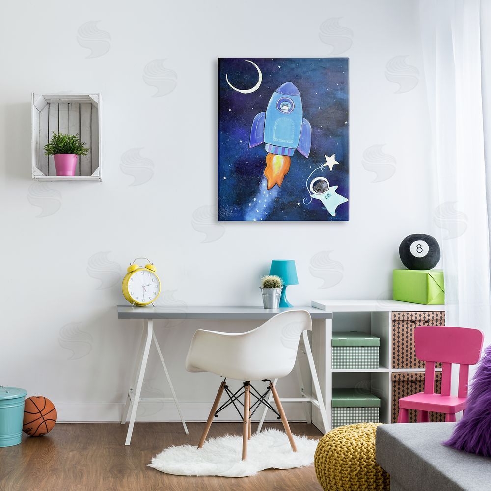 Andrea Doss Animals in Outer Space Rocket Ship Star Balloon Night Sky Canvas Wall Art Print in Room