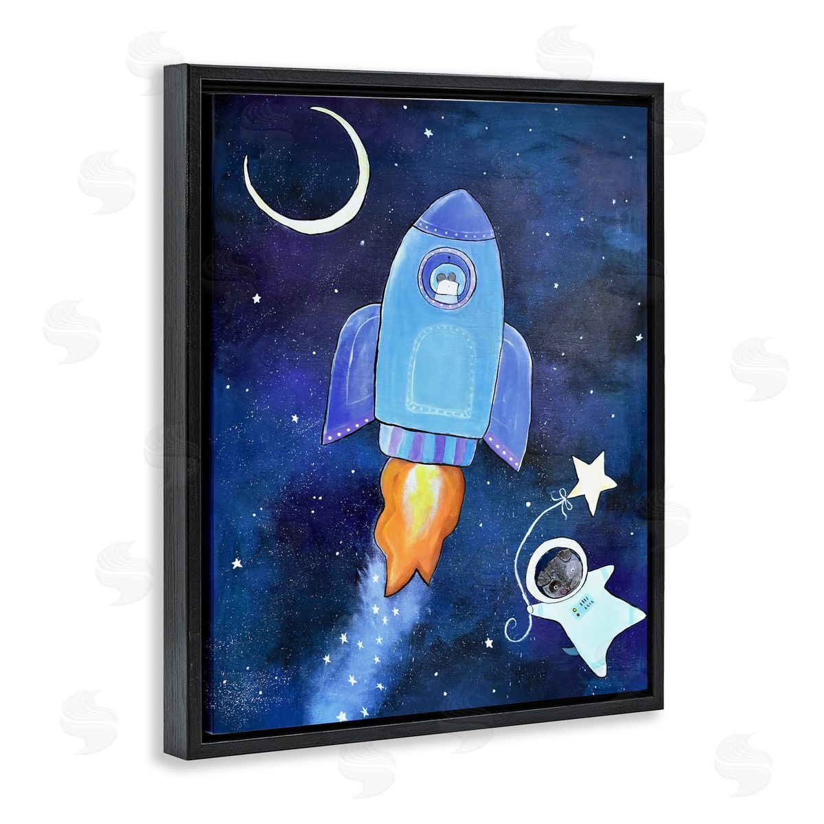 Andrea Doss Animals in Outer Space Rocket Ship Star Balloon Night Sky Black Floating Frame Canvas Wall Art Print
