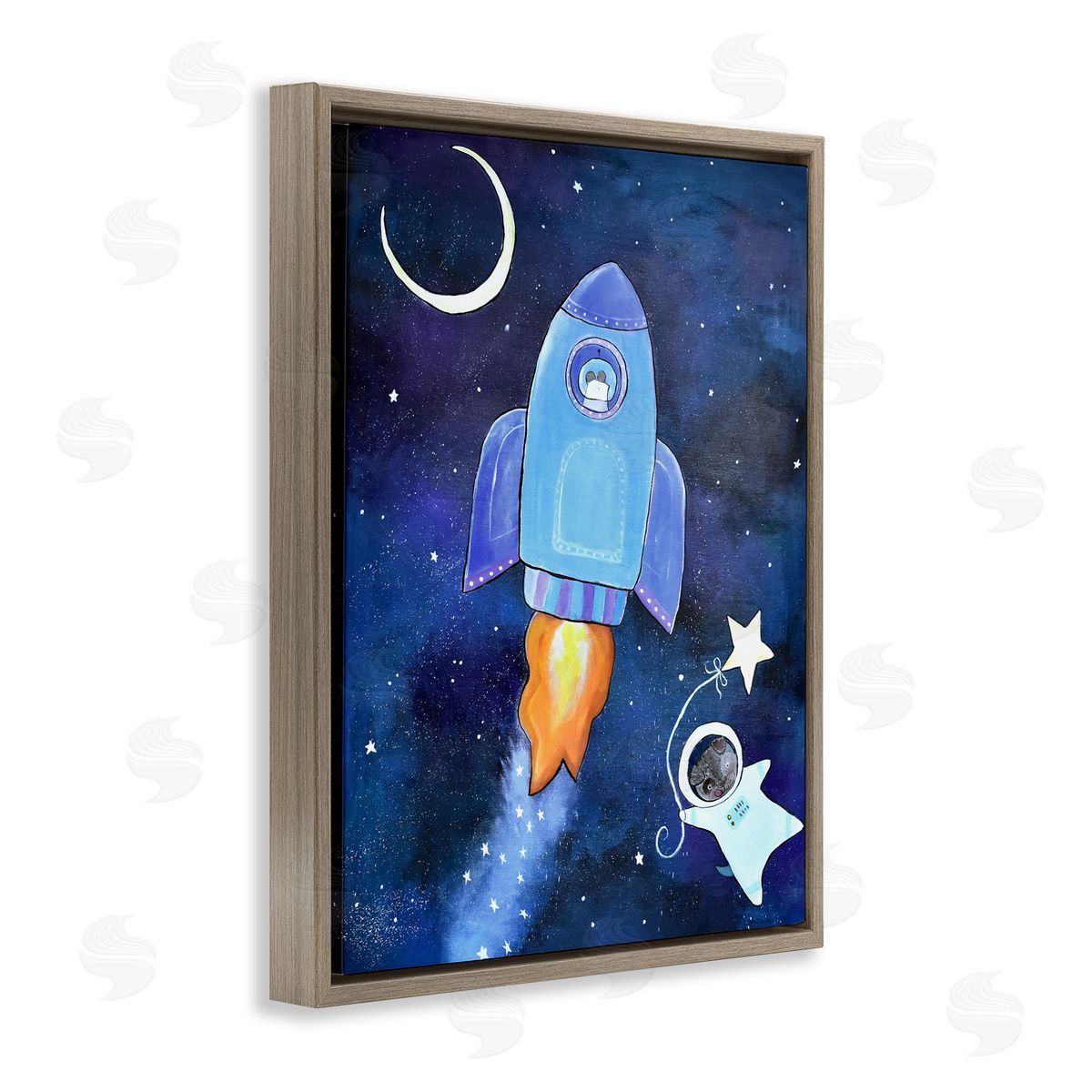 Andrea Doss Animals in Outer Space Rocket Ship Star Balloon Night Sky Brown Floating Frame Canvas Wall Art Print