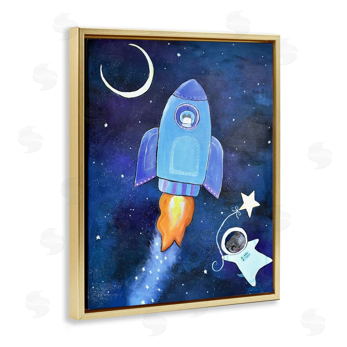 Andrea Doss Animals in Outer Space Rocket Ship Star Balloon Night Sky Gold Floating Frame Canvas Wall Art Print