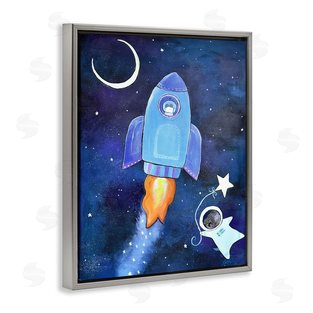 Andrea Doss Animals in Outer Space Rocket Ship Star Balloon Night Sky Gray Floating Frame Canvas Wall Art Print