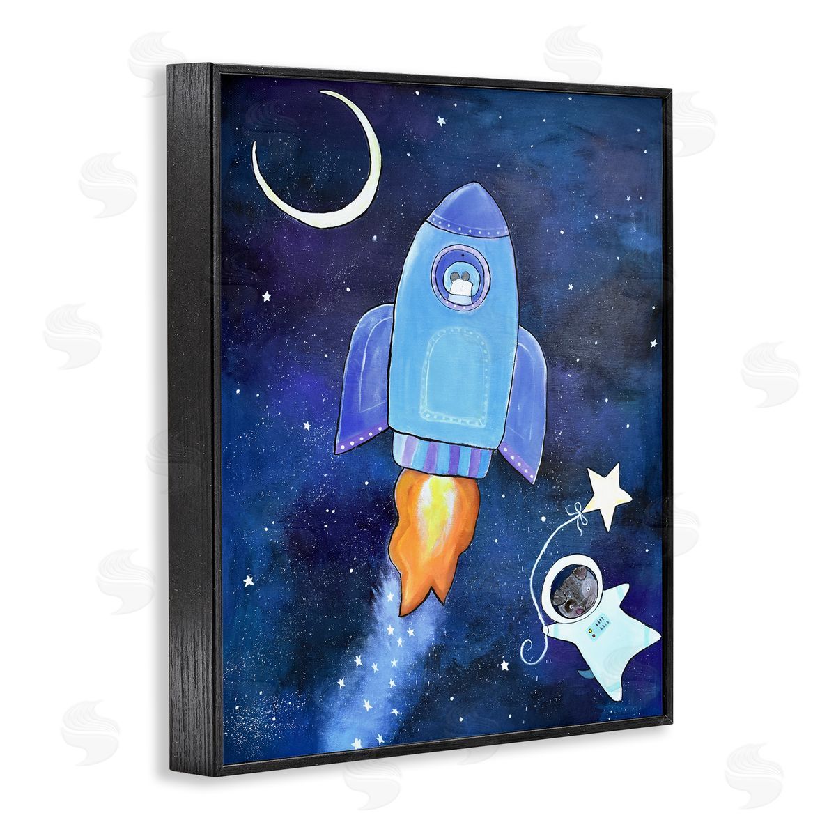 Andrea Doss Animals in Outer Space Rocket Ship Star Balloon Night Sky Black Framed Giclee Wall Art Print