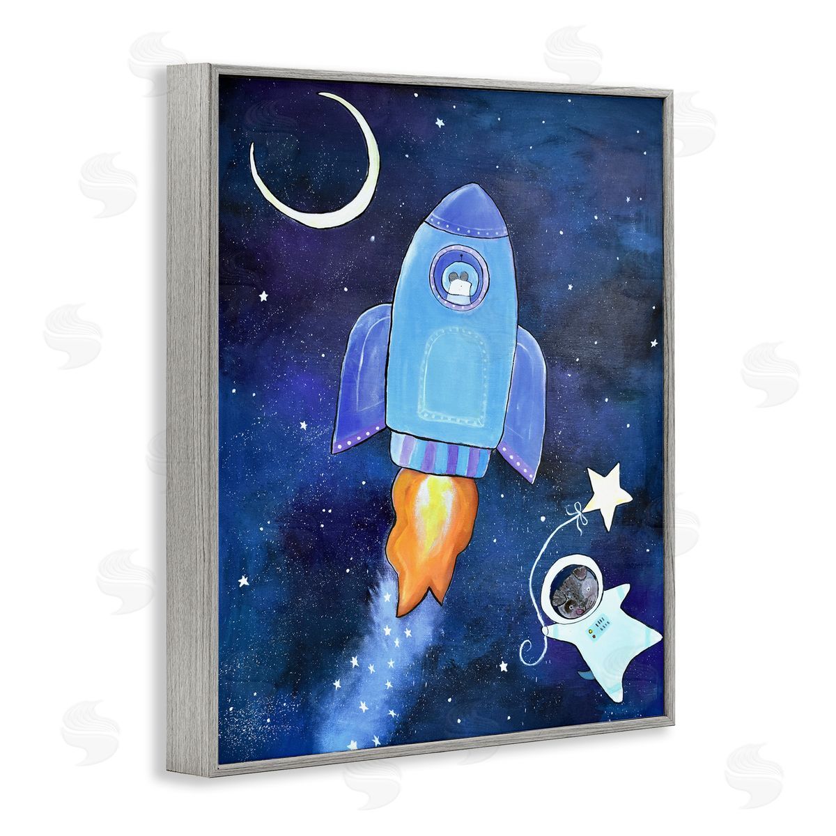 Andrea Doss Animals in Outer Space Rocket Ship Star Balloon Night Sky Gray Framed Giclee Wall Art Print