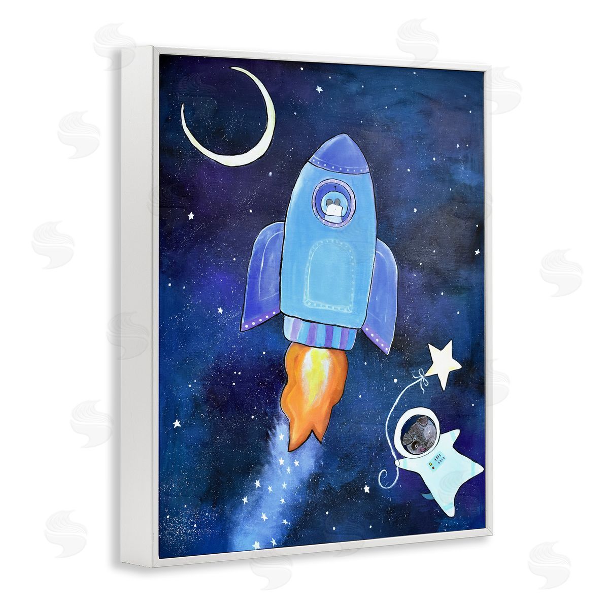 Andrea Doss Animals in Outer Space Rocket Ship Star Balloon Night Sky White Framed Giclee Wall Art Print
