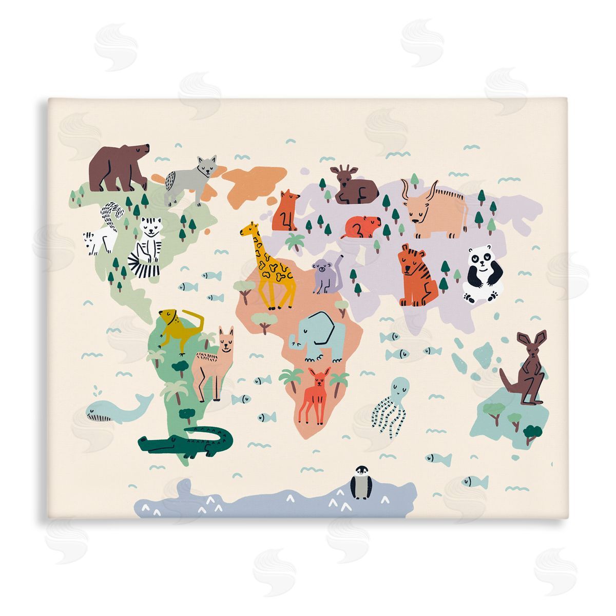 Dominika Godette Educational World Map Native Animals Wildlife Chart Stretched Canvas Wall Art Print