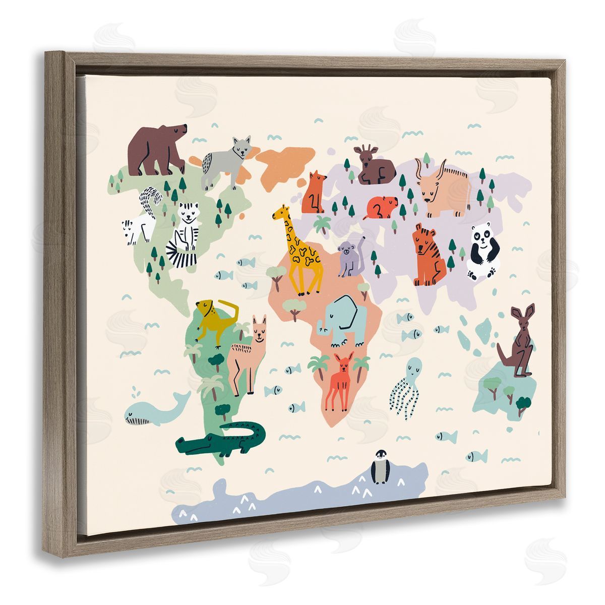 Dominika Godette Educational World Map Native Animals Wildlife Chart Brown Floating Frame Canvas Wall Art Print