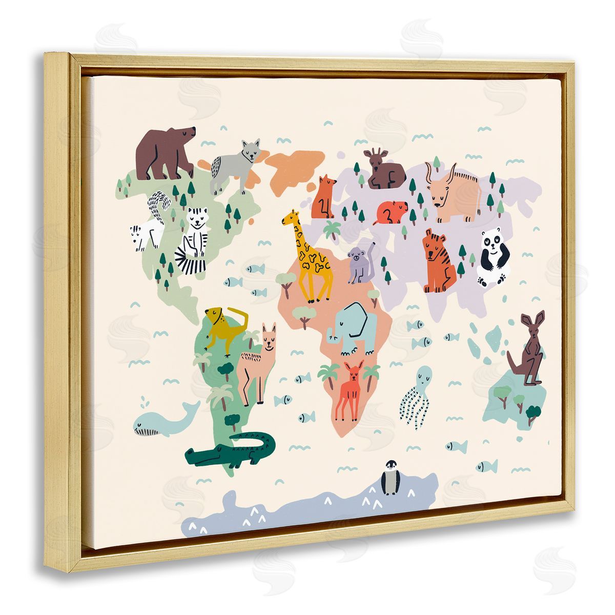 Dominika Godette Educational World Map Native Animals Wildlife Chart Gold Floating Frame Canvas Wall Art Print