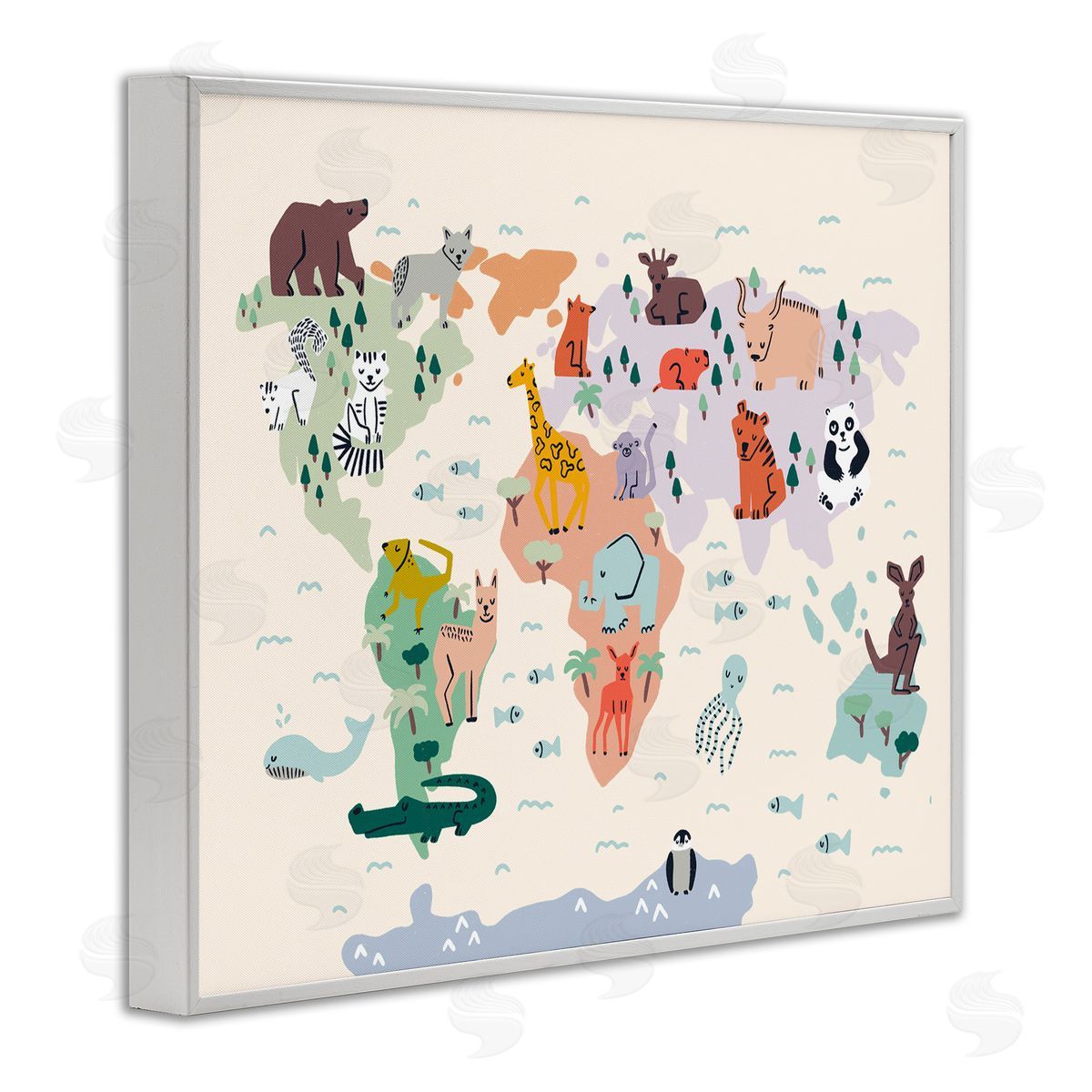 Dominika Godette Educational World Map Native Animals Wildlife Chart White Framed Giclee Wall Art Print