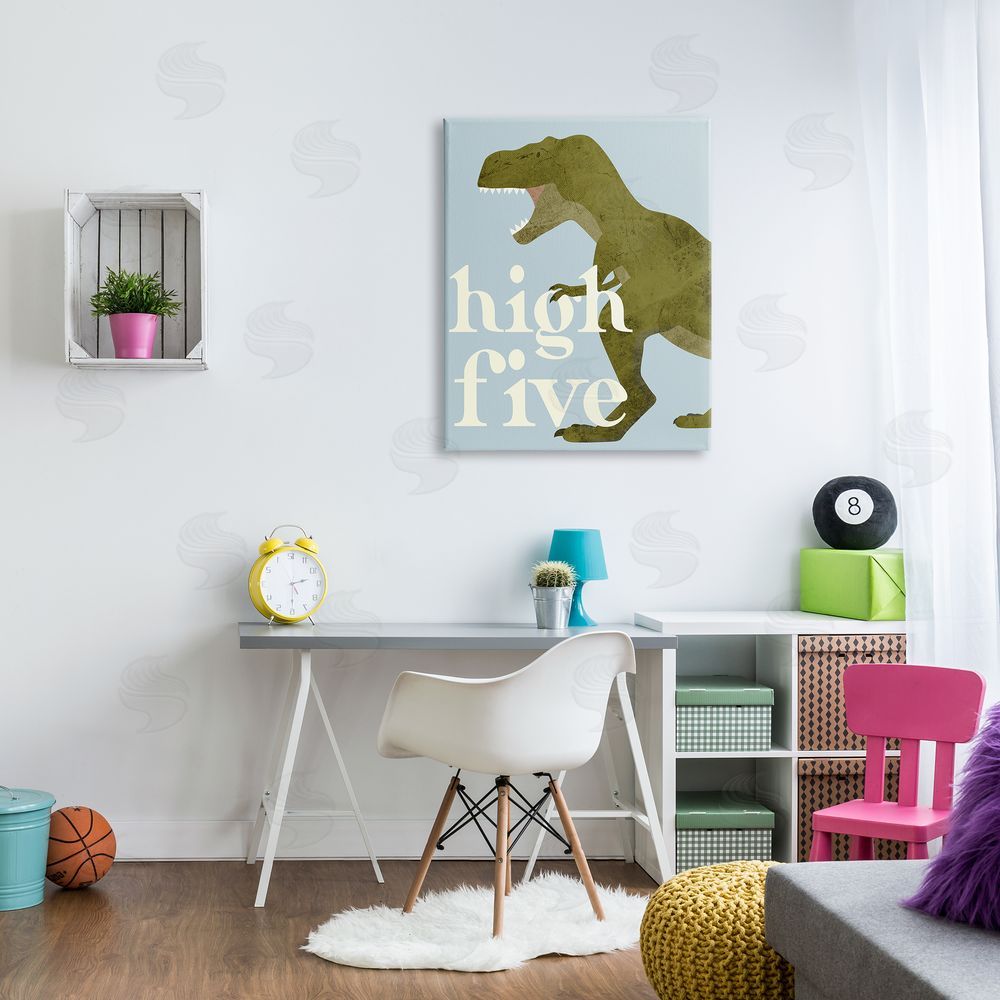 Stupell Studio High Five Roaring Dinosaur T-Rex Kids Typography Canvas Wall Art Print in Room
