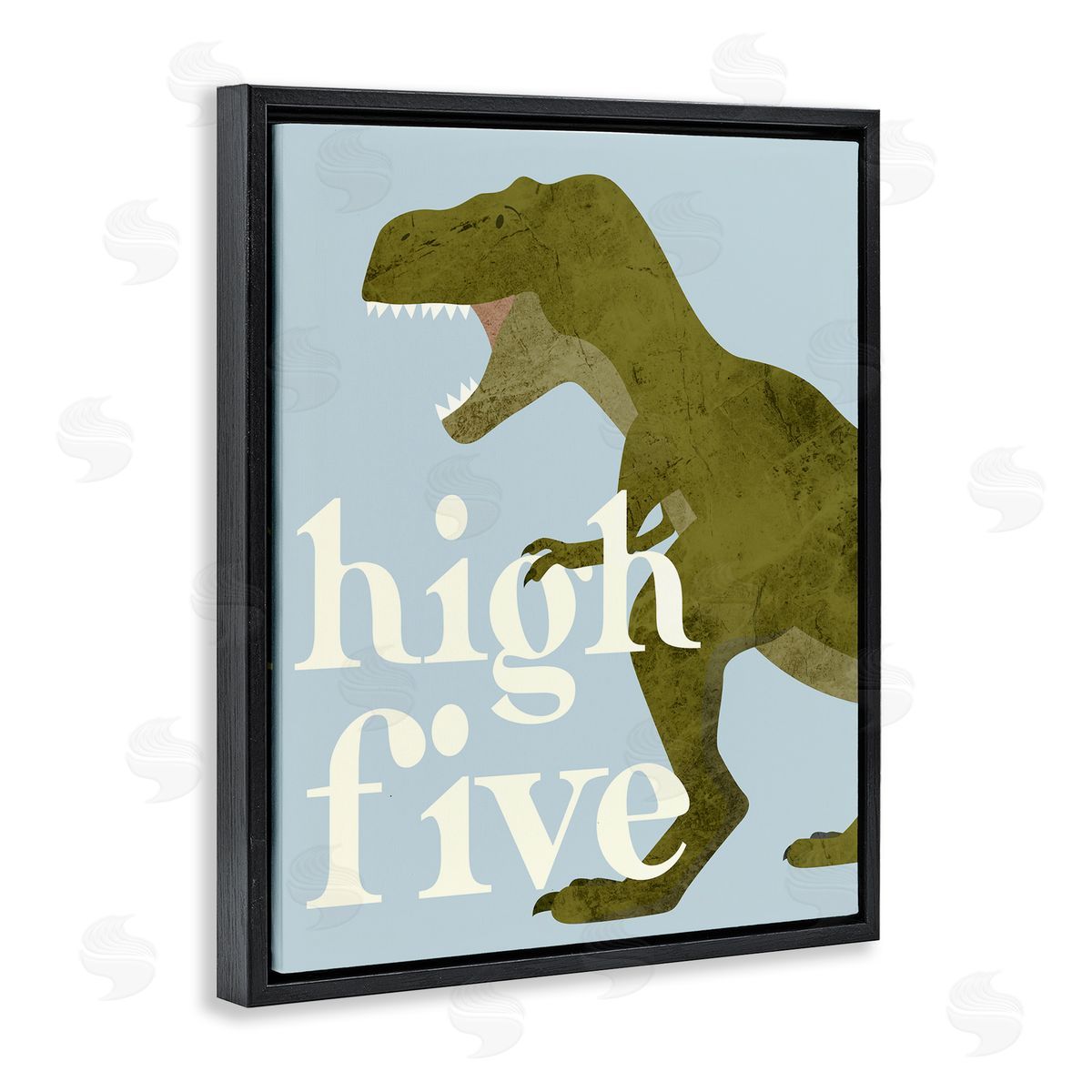 Stupell Studio High Five Roaring Dinosaur T-Rex Kids Typography Black Floating Frame Canvas Wall Art Print