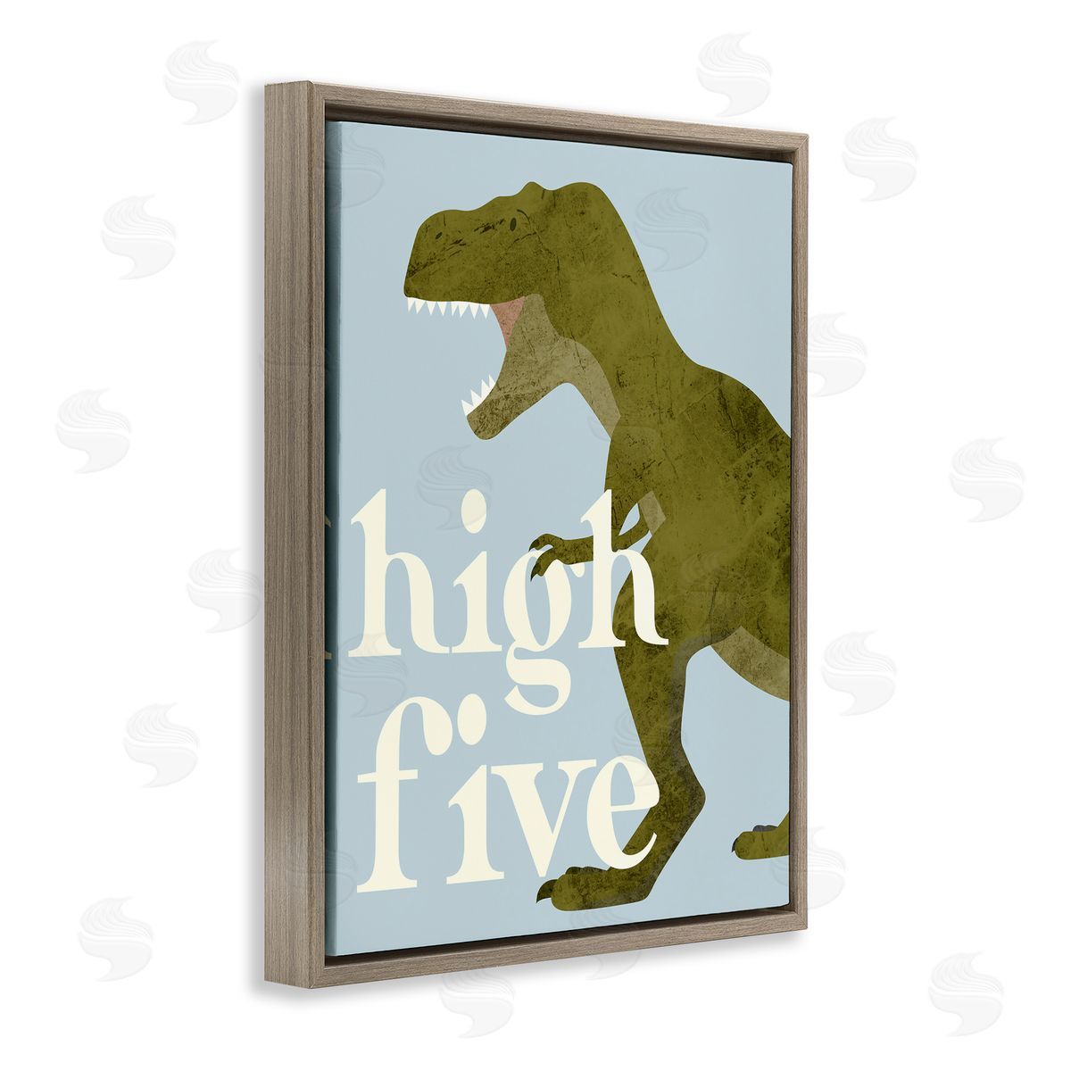 Stupell Studio High Five Roaring Dinosaur T-Rex Kids Typography Brown Floating Frame Canvas Wall Art Print