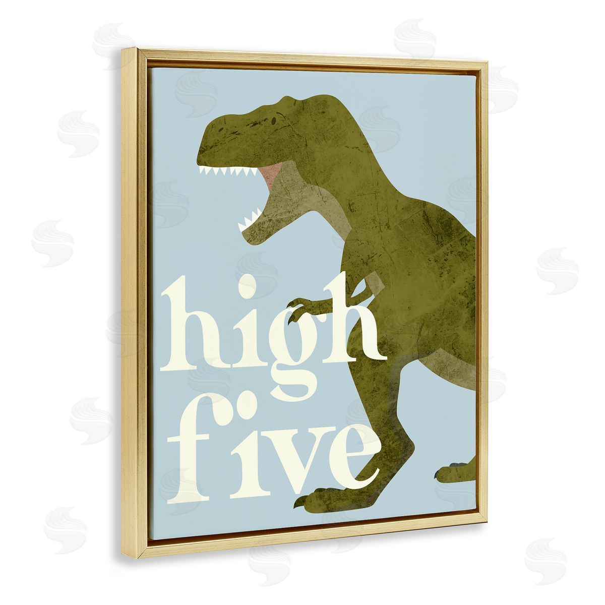 Stupell Studio High Five Roaring Dinosaur T-Rex Kids Typography Gold Floating Frame Canvas Wall Art Print