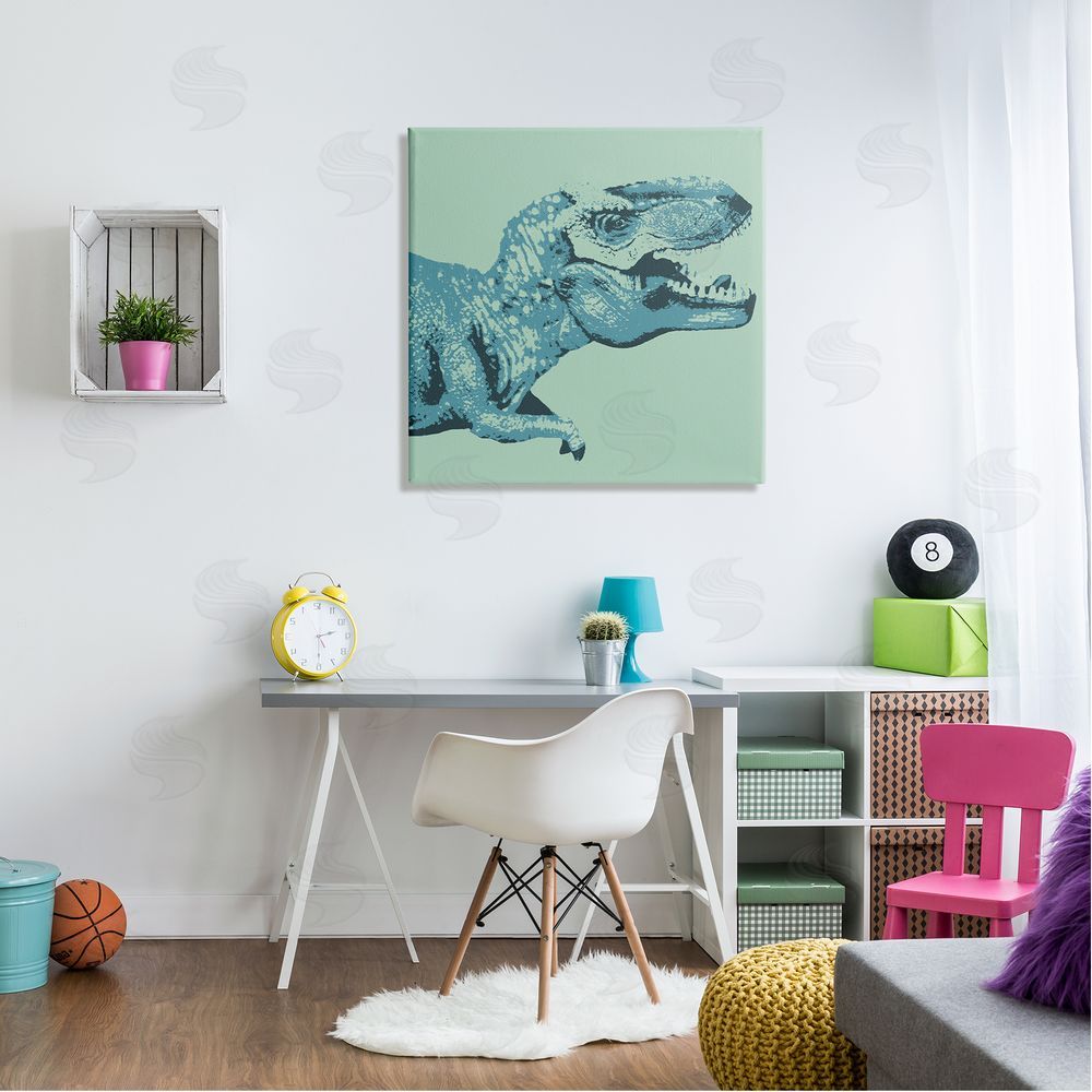 Stupell Studio Roaring T-Rex Dinosaur Vintage Stamp Style Design Canvas Wall Art in Room