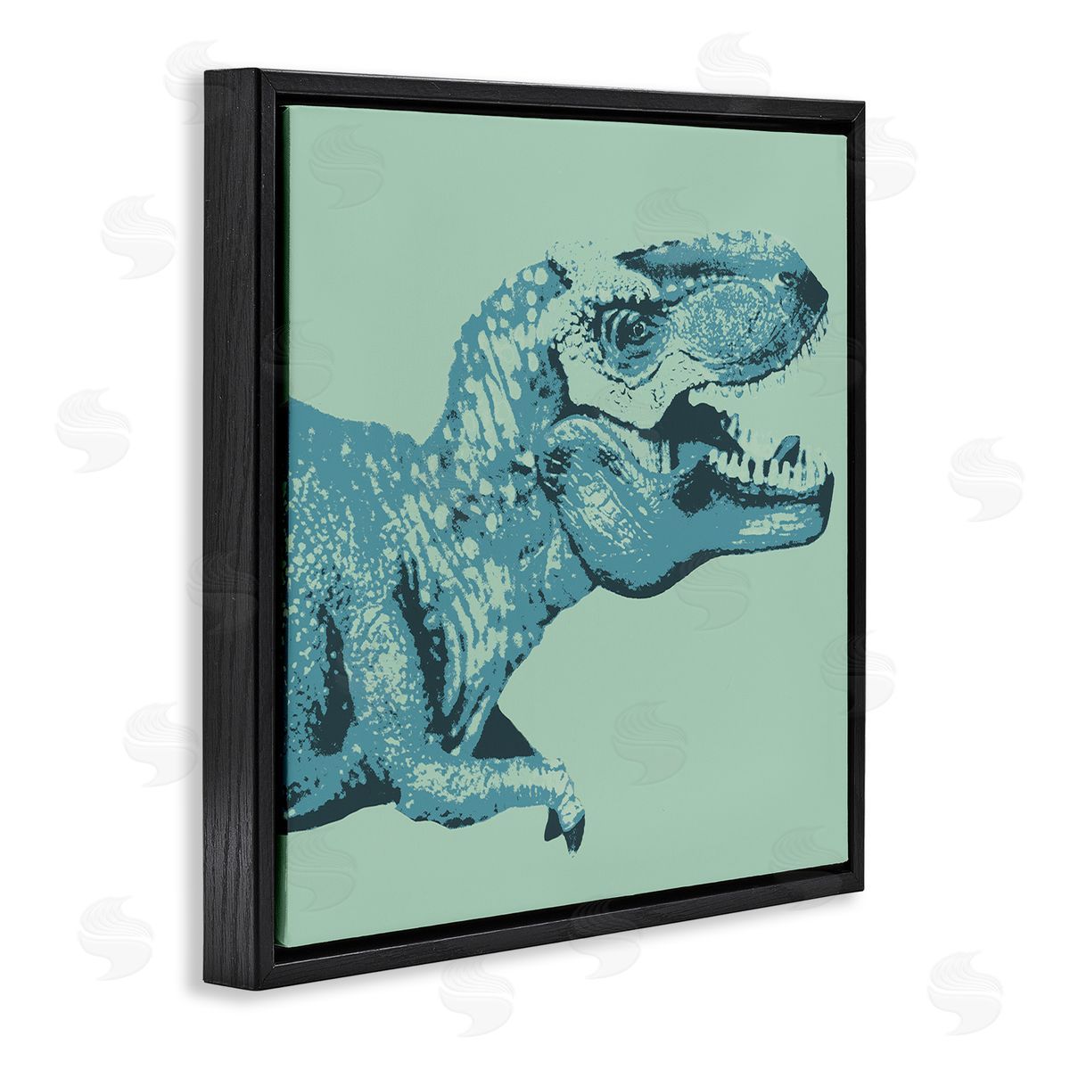 Stupell Studio Roaring T-Rex Dinosaur Vintage Stamp Style Design Black Floating Frame Canvas Wall Art Print
