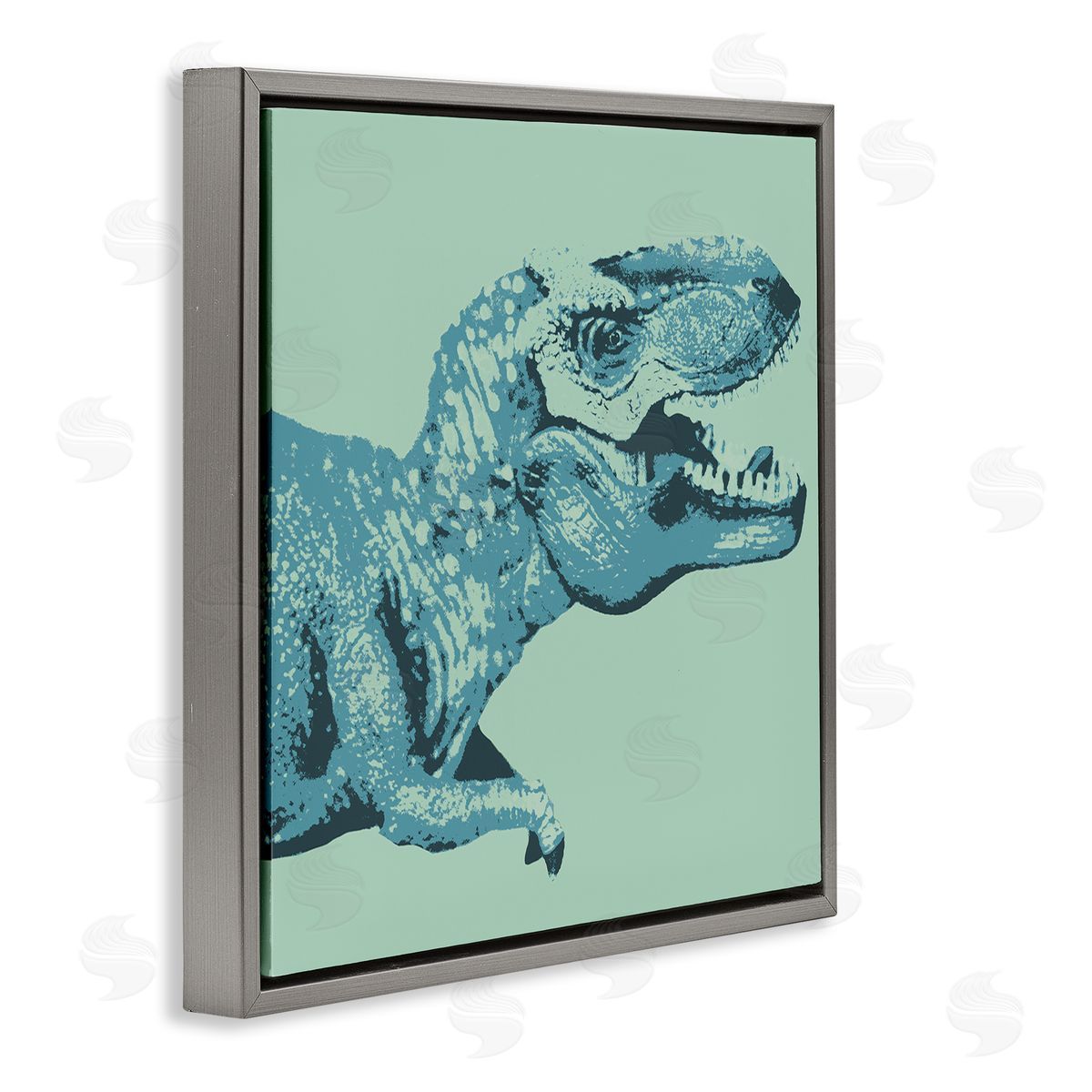 Stupell Studio Roaring T-Rex Dinosaur Vintage Stamp Style Design Gray Floating Frame Canvas Wall Art Print