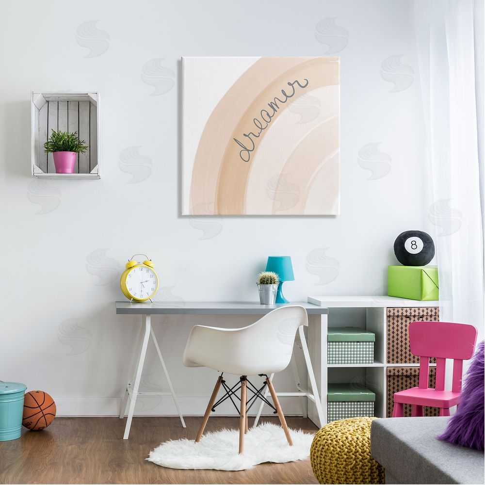 Emily Navas Dreamer Cursive Calligraphy Pastel Rainbow Stripes Canvas Wall Art in Room