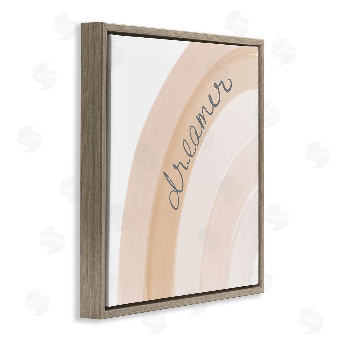 Emily Navas Dreamer Cursive Calligraphy Pastel Rainbow Stripes Brown Floating Frame Canvas Wall Art Print