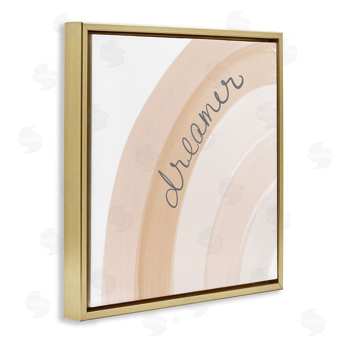 Emily Navas Dreamer Cursive Calligraphy Pastel Rainbow Stripes Gold Floating Frame Canvas Wall Art Print