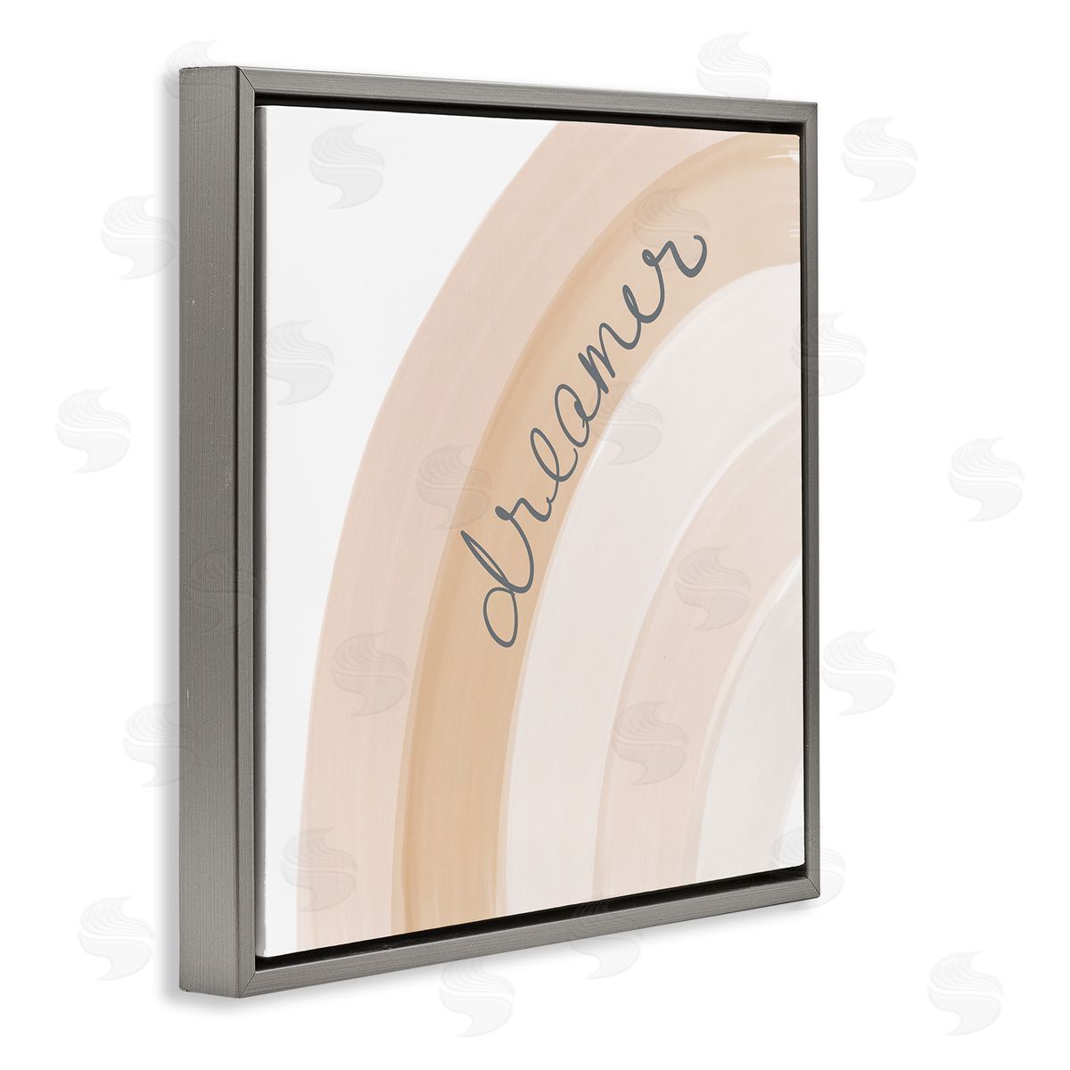 Emily Navas Dreamer Cursive Calligraphy Pastel Rainbow Stripes Gray Floating Frame Canvas Wall Art Print