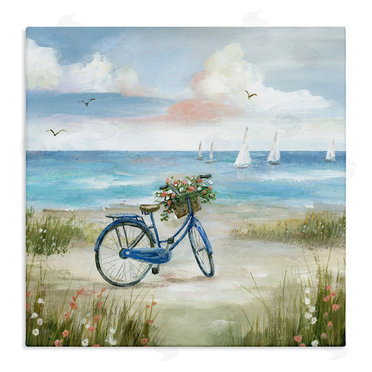 Nan Peaceful Bicycle Flower Basket Scenic Ocean Sailboats Stretched Canvas Wall Art Print