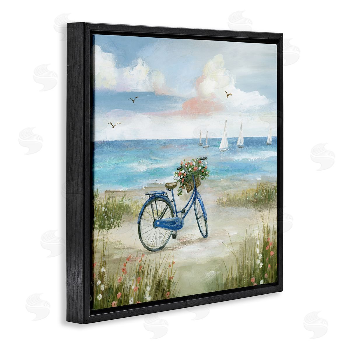 Nan Peaceful Bicycle Flower Basket Scenic Ocean Sailboats Black Floating Frame Canvas Wall Art Print