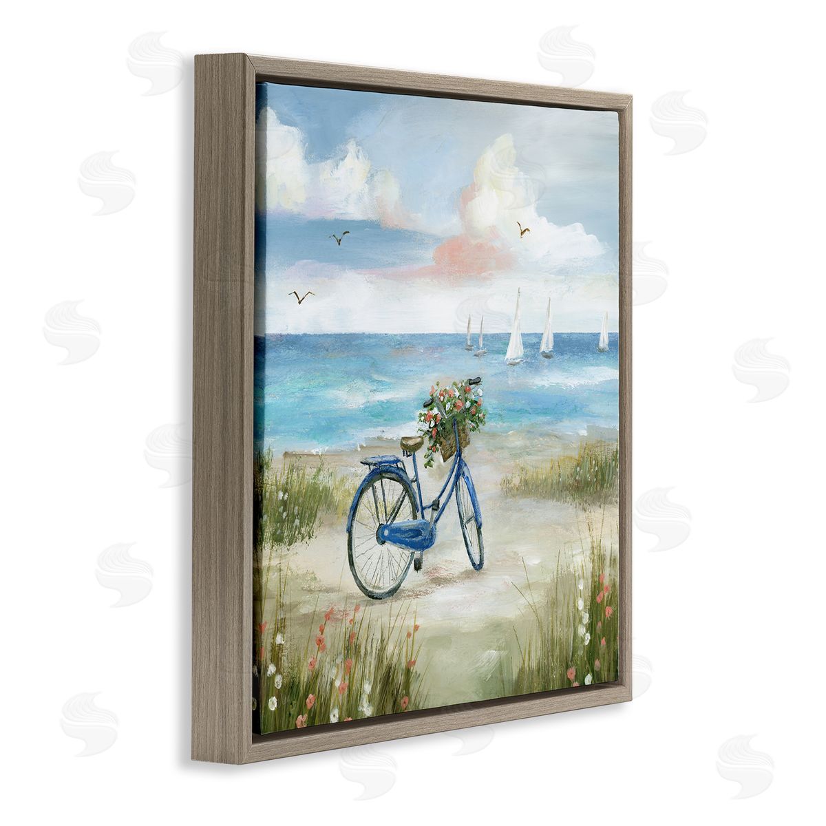 Nan Peaceful Bicycle Flower Basket Scenic Ocean Sailboats Brown Floating Frame Canvas Wall Art Print