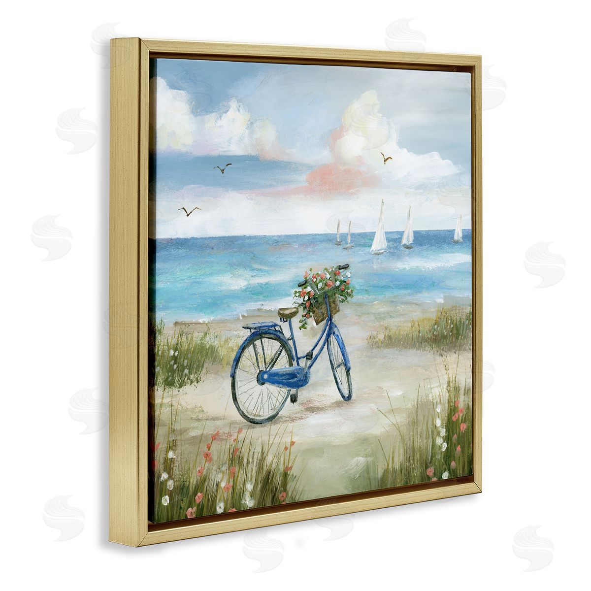 Nan Peaceful Bicycle Flower Basket Scenic Ocean Sailboats Gold Floating Frame Canvas Wall Art Print