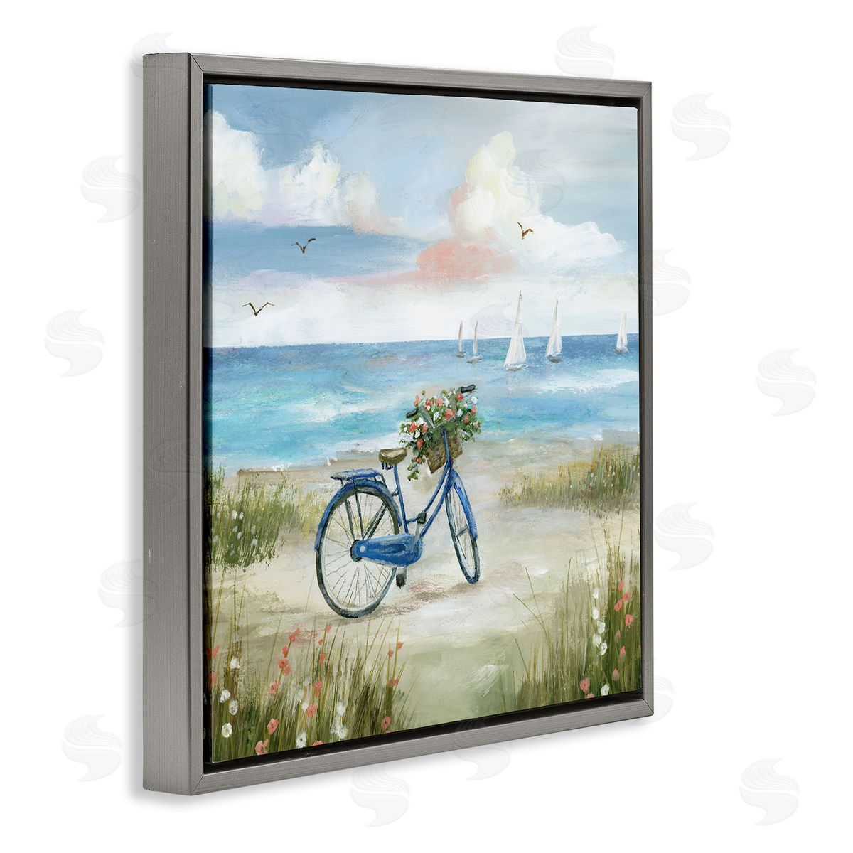 Nan Peaceful Bicycle Flower Basket Scenic Ocean Sailboats Gray Floating Frame Canvas Wall Art Print