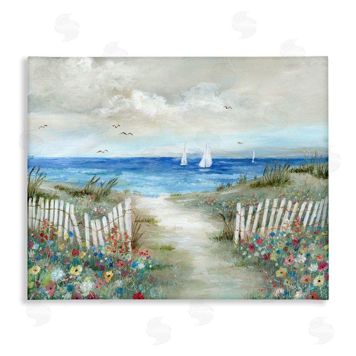 Nan Tranquil Beachside Flower Meadow Ocean Sailboats Scene Stretched Canvas Wall Art Print