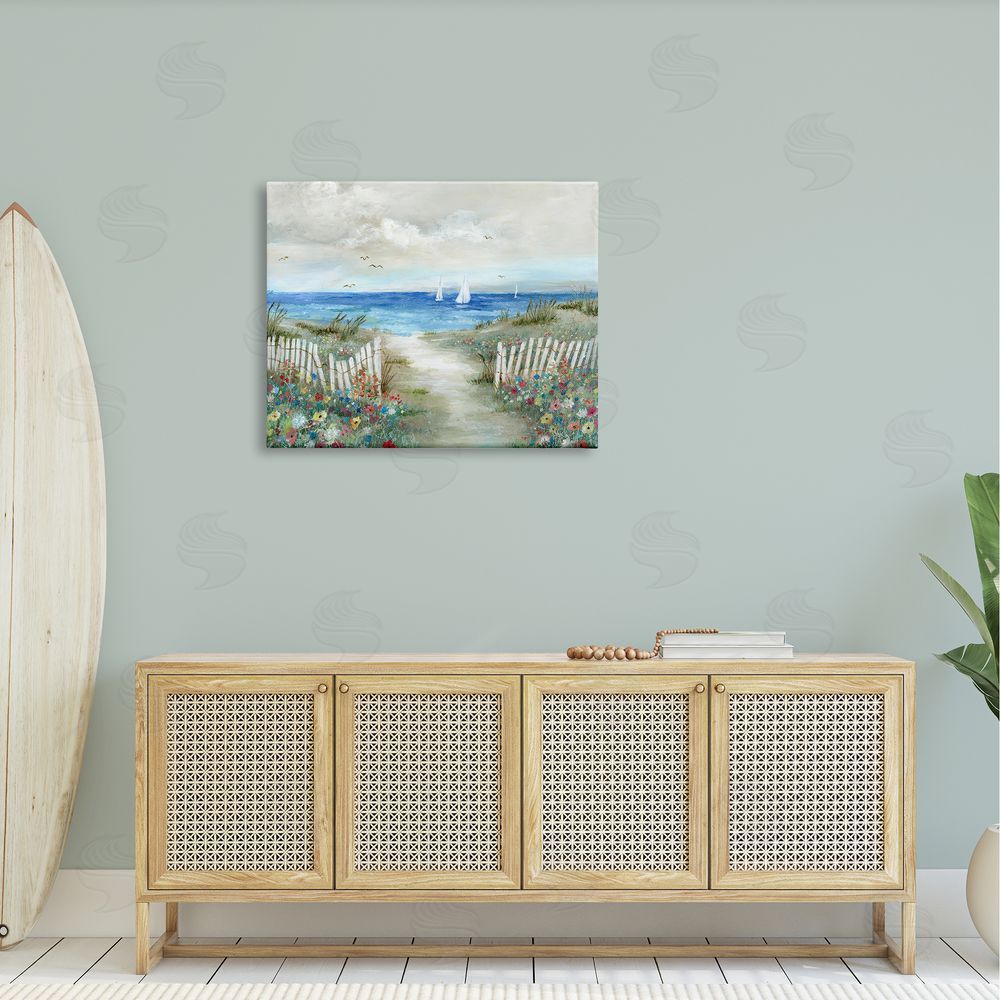 Nan Tranquil Beachside Flower Meadow Ocean Sailboats Scene Canvas Wall Art Print in Room